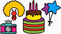 早教学画画, 教孩子简笔画生日舞会常见的小丑, 大蛋糕和星星气球
