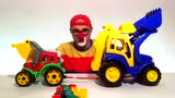 怪兽乐高玩具卡车挖掘机和推土机拔河！玩具车小丑